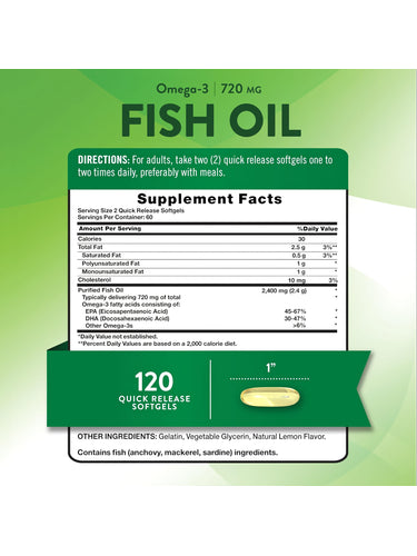 Omega-3 Fish Oil, 720 mg, 2400 mg, 120 Quick Release Softgels with Natural Lemon Flavor.