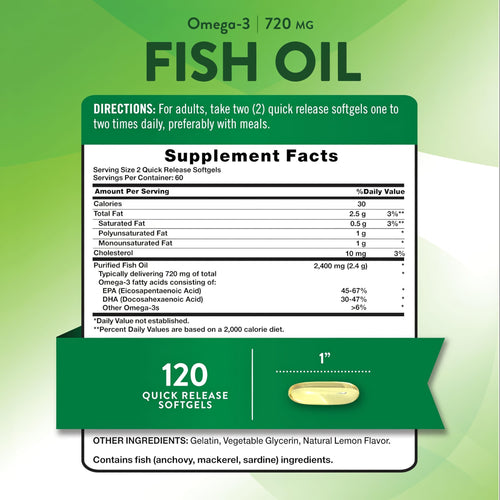 Omega-3 Fish Oil, 720 mg, 2400 mg, 120 Quick Release Softgels with Natural Lemon Flavor.