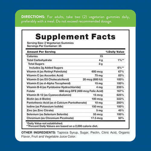 Supplement Facts panel for NT Men's Multi 70 Gummies, detailing vitamin and mineral content per serving, along with daily value percentages.