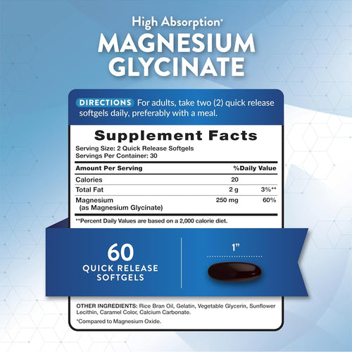 High Absorption Magnesium Glycinate 250 mg in 60 quick release softgels.