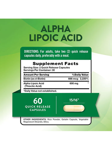 Supplement Facts for Alpha Lipoic Acid 600 mg, 60 Capsules.