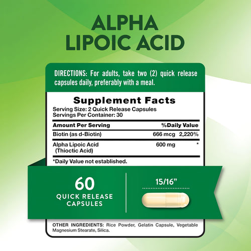 Supplement Facts for Alpha Lipoic Acid 600 mg, 60 Capsules.