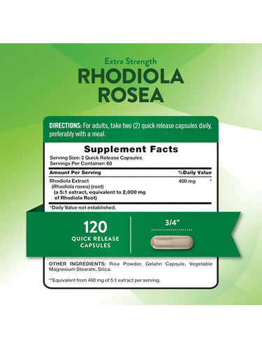 Extra Strength Rhodiola Rosea 2000 mg with 120 quick release capsules.