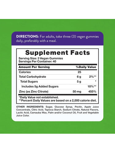 Supplement Facts panel for Zinc Gummies, 120 count.