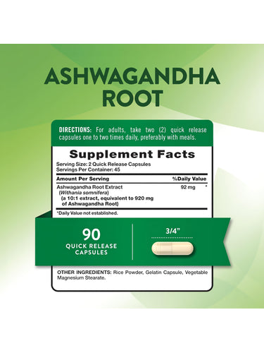 Ashwagandha Root 920 mg with 90 quick release capsules for stress support.