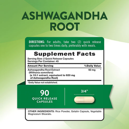 Ashwagandha Root 920 mg with 90 quick release capsules for stress support.