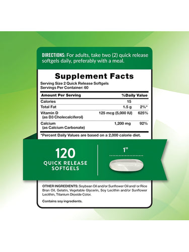 Supplement Facts panel showing Calcium 1,200 mg and D3 5000 IU in 100+20 Softgels.