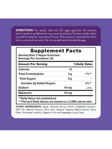 Supplement Facts panel detailing Melatonin 10 mg with 70 gummies.