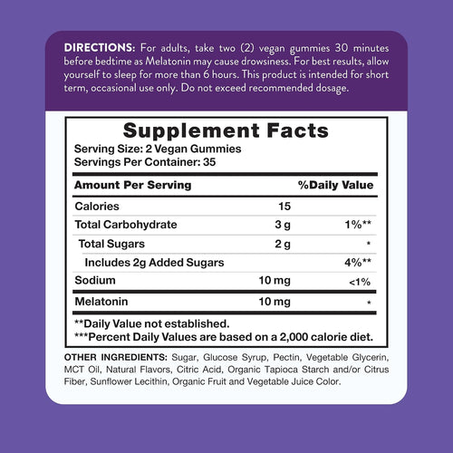 Supplement Facts panel detailing Melatonin 10 mg with 70 gummies.