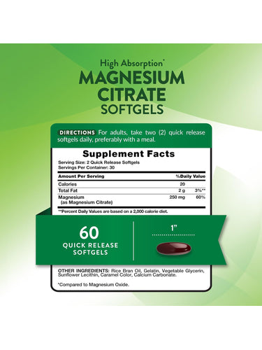 Supplement Facts for Magnesium Citrate 250 mg, 60 Softgels bottle.