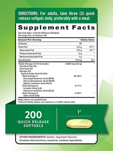 Triple Omega 3-6-9 3600 mg mit Fisch, Leinsamen, Nachtkerze