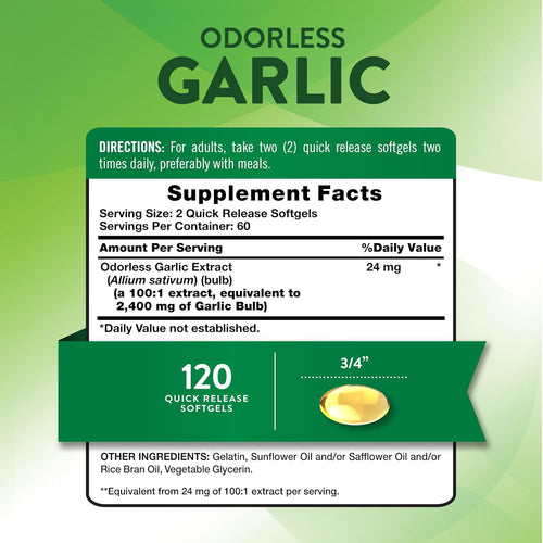 Odorless Garlic supplement, 2400 mg equivalent, with 120 quick-release softgels in the bottle.