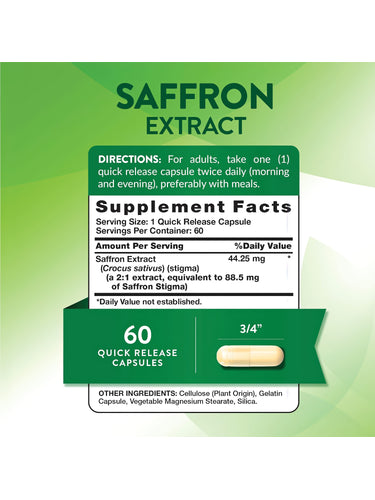 Supplement Facts panel displaying information for Saffron Extract 60 Capsules in detail.