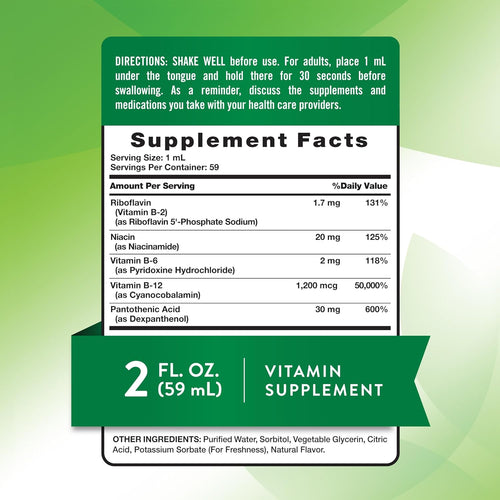 Label showing Supplement Facts for NT B-Complex + B-12 in a 2 oz liquid form.