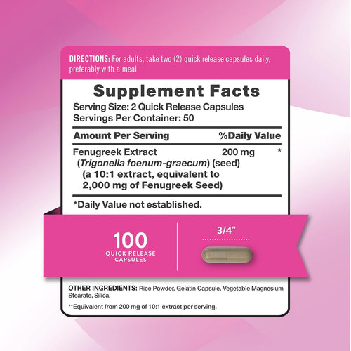 Supplement Facts panel for Fenugreek 2000 mg, 100 capsules bottle.