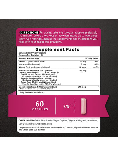 Supplement Facts label for Beet Root with Nitrates, containing 60 capsules.
