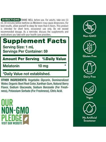 Supplement Facts panel for Melatonin 10 mg 2 oz liquid.