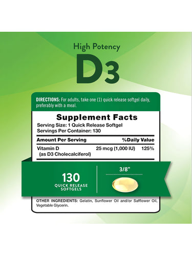 High Potency D3 supplement, 25 mcg (1,000 IU), with 130 quick release softgels.
