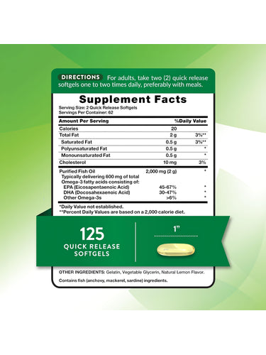 Supplement Facts for Lem Fl Fish Oil 2000 mg, 100+25 Softgels.