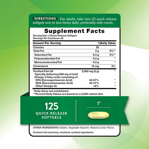 Supplement Facts for Lem Fl Fish Oil 2000 mg, 100+25 Softgels.