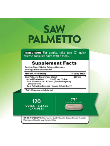 Saw Palmetto 2400 mg, 120 Quick Release Capsules with one capsule measuring 7/8 inch displayed.