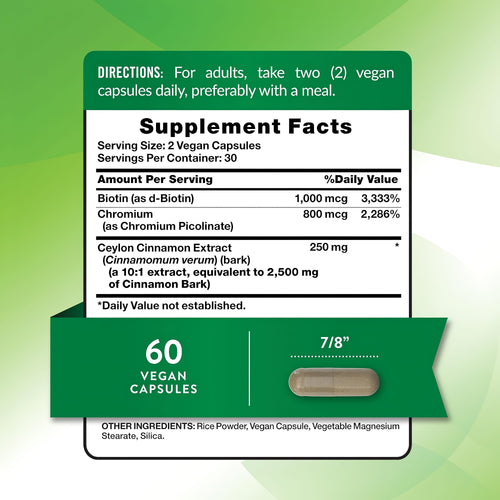 Supplement Facts for Cinnamon with Biotin and Chromium, 60 Capsules.
