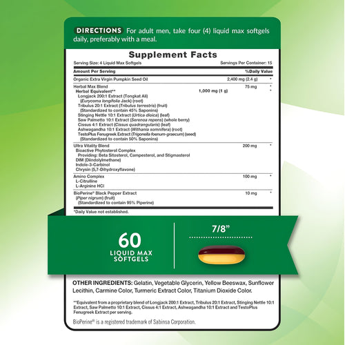 Supplement Facts panel for NT Testosterone Power containing 60 softgels.