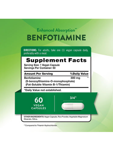 Supplement Facts panel showing Benfotiamine (B-1) 300 mg, 60 capsules.