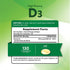 Supplement Facts for Vitamin D3 5000 IU (125 mcg), 100+30 Softgels bottle.