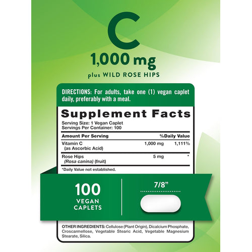 C 1000 mg plus Wild Rose Hips, 100 vegan caplets. Each caplet is 7/8 inch long.