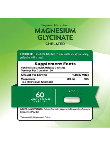 Magnesium Glycinate Chelated Capsules, 60 count, 200 mg magnesium per serving, ensuring superior absorption.