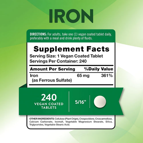Image of Supplement Facts panel for Iron Ferrous Sulfate 65 mg with 240 tablets, detailing nutritional information.