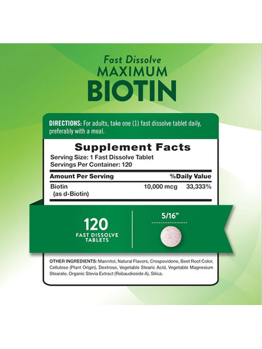 NT Biotin 10,000 mcg, 120 fast dissolve tablets in a bottle.