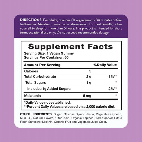 Supplement Facts for Melatonin 5 mg containing 60 gummies.