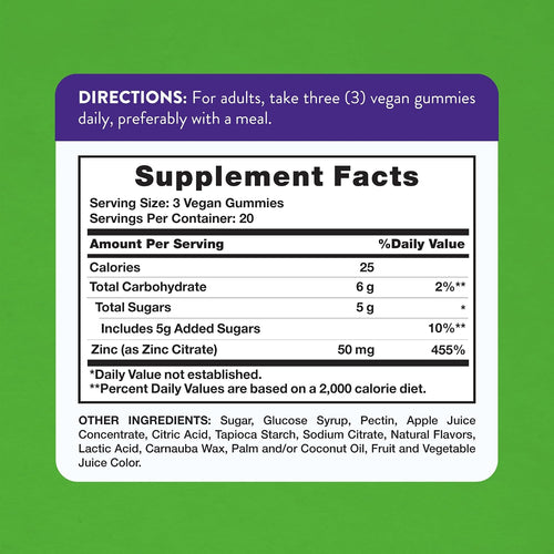 Image showing the Supplement Facts panel for Zinc 50 mg with 60 gummies.