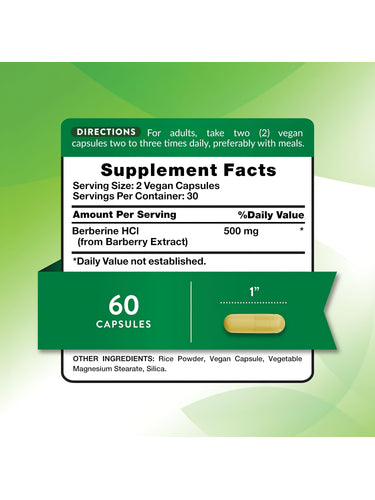 Supplement Facts panel detailing information for Berberine 60 Veg Capsules.