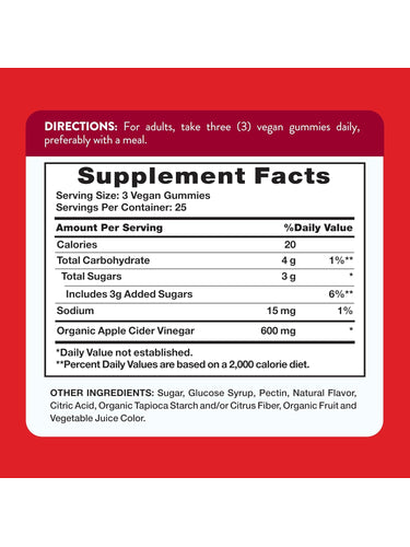 Supplement Facts panel for 600 mg Apple Cider Vinegar Gummies in a 75-count bottle.