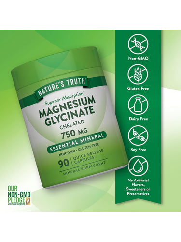 Magnesium Glycinate bottle with icons indicating Non-GMO, Gluten Free, Dairy Free, Soy Free, No Artificial Flavors, or Preservatives.
