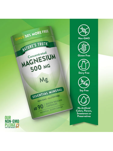 Magnesium bottle with icons indicating Non-GMO, Gluten Free, Dairy Free, Soy Free, No Artificial Colors, Flavors, Sweeteners, or Preservatives.