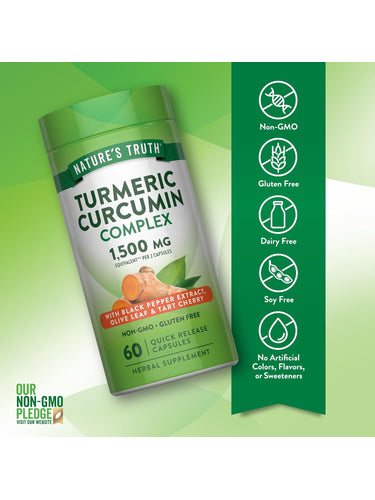 Turmeric Curcumin Complex bottle with icons indicating Non-GMO, Gluten Free, Dairy Free, Soy Free, No Artificial Colors or Sweeteners.