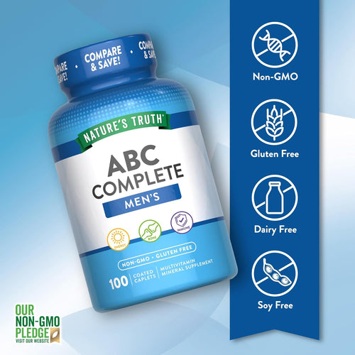 ABC Complete Men's Multi bottle showcasing Non-GMO, Gluten Free, Dairy Free, and Soy Free attributes.