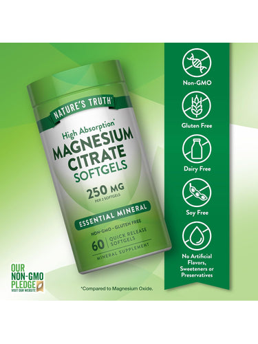 Magnesium Citrate bottle with icons indicating: Non-GMO, Gluten Free, Dairy Free, Soy Free, No Artificial Flavors or Preservatives.
