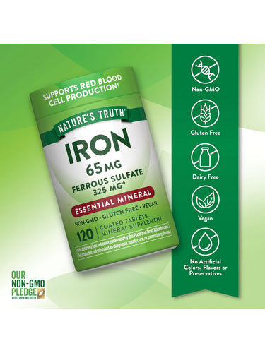 Iron bottle with icons indicating Non-GMO, Gluten Free, Dairy Free, Vegan, No Artificial Colors, Flavors, Preservatives.