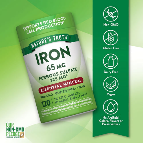 Iron bottle with icons indicating Non-GMO, Gluten Free, Dairy Free, Vegan, No Artificial Colors, Flavors, Preservatives.