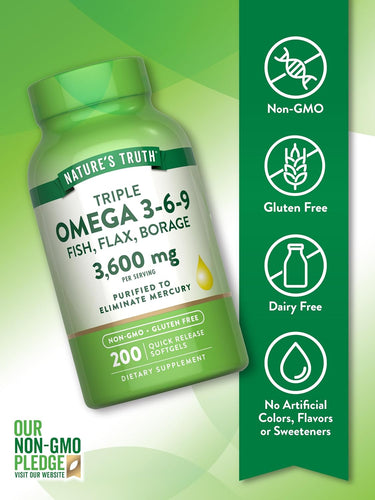 Triple Omega 3-6-9 3600 mg mit Fisch, Leinsamen, Nachtkerze