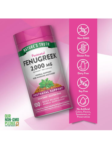 Fenugreek bottle with icons indicating Non-GMO, Gluten Free, Dairy Free, Soy Free, No Artificial Colors, Flavors, Sweeteners, Preservatives.