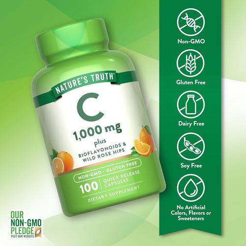 C 1,000 mg plus Bioflavonoids and Wild Rose Hips, Non-GMO, Gluten Free, 100 Quick Release Capsules, Dietary Supplement.