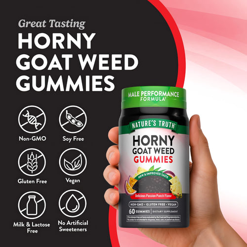 Horny Goat Weed Gummies bottle with icons indicating Non-GMO, Soy Free, Gluten Free, Vegan, Milk & Lactose Free, No Artificial Sweeteners.