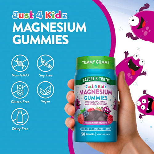 Kids Magnesium Gummies bottle with icons indicating Non-GMO, Soy Free, Gluten Free, Vegan, and Dairy Free attributes.