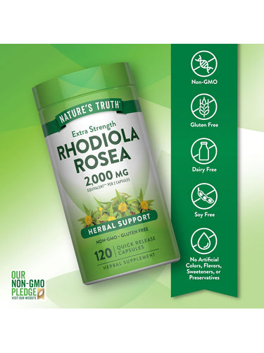 Rhodiola Rosea bottle labeled Non-GMO, Gluten Free, Dairy Free, Soy Free, and no artificial colors, flavors, or sweeteners.